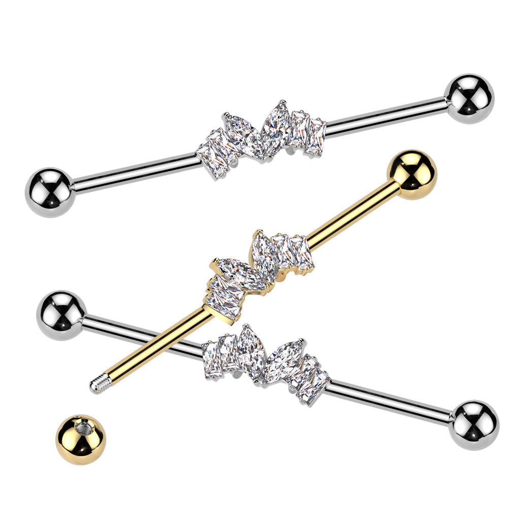 316L Surgical Steel White CZ Marquise & Baguette Gem Industrial Barbell