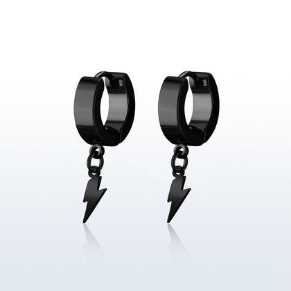 Pair of 316L Surgical Steel Black PVD Bolt of Lightning Dangle Hoop Earrings