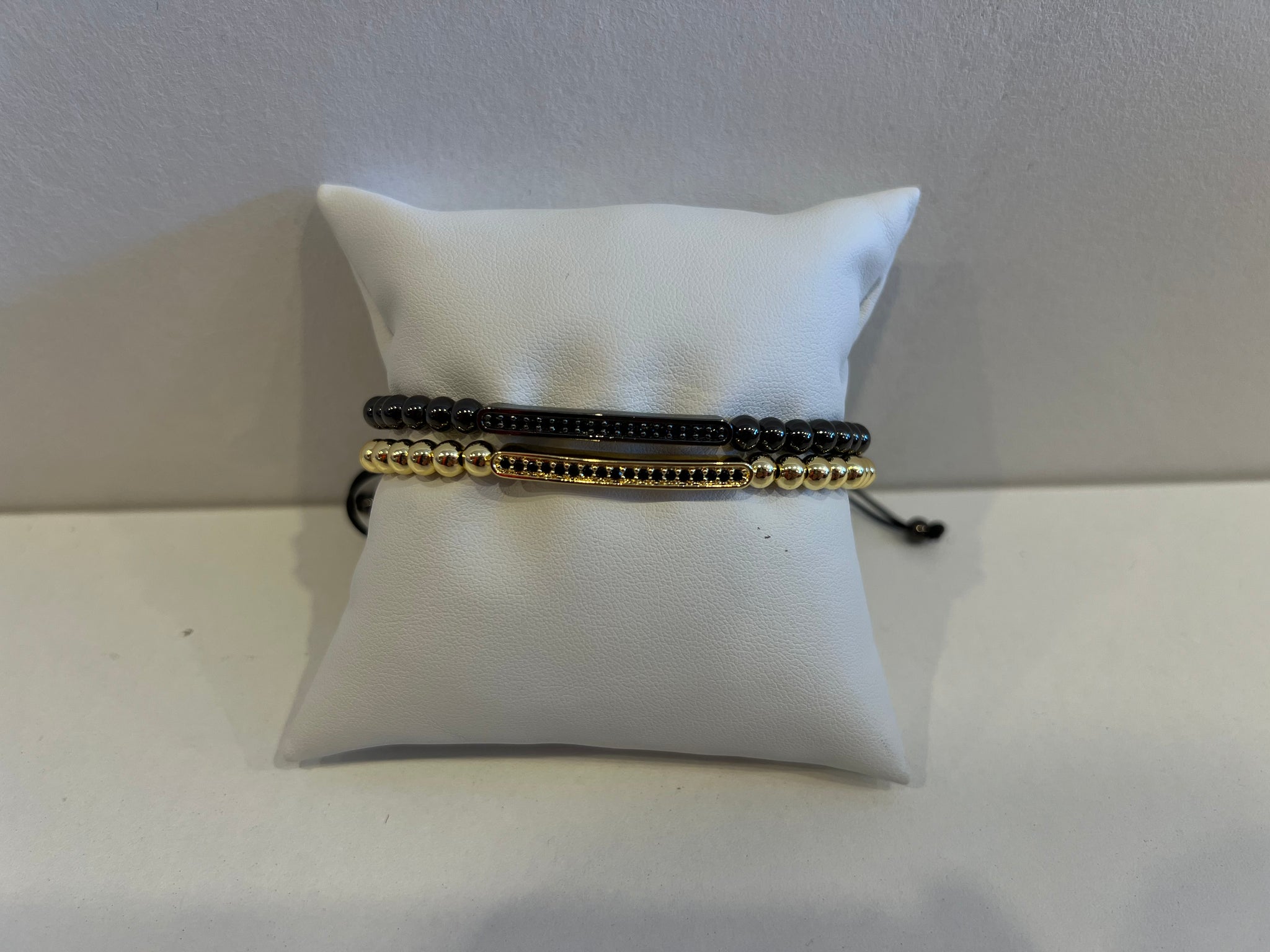 Black CZ Bar Beaded String Bracelet