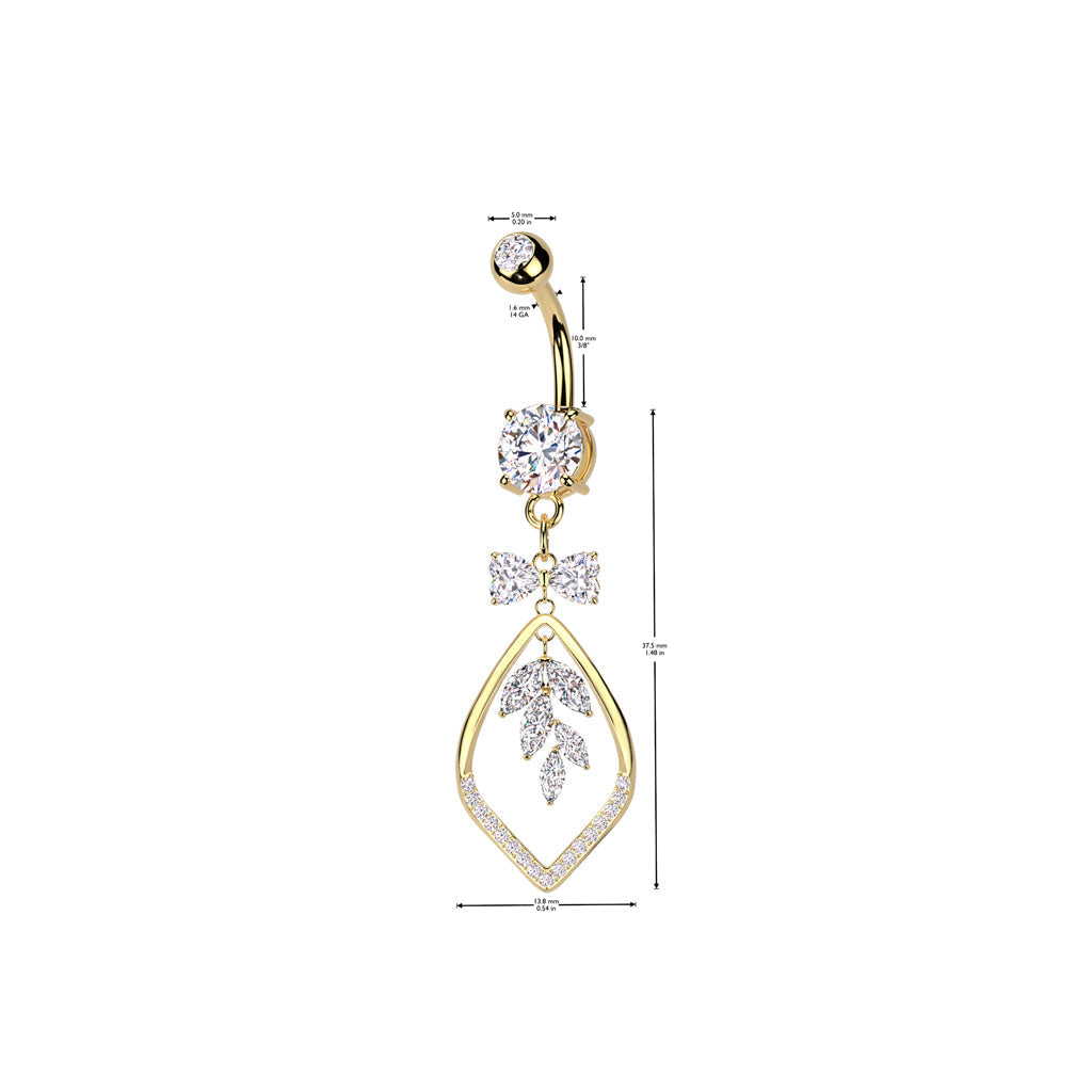 316L Surgical Steel White CZ Bow & Vine Dangle Belly Ring