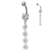 316L Surgical Steel White CZ Gem Long Flower Dangly Belly Ring