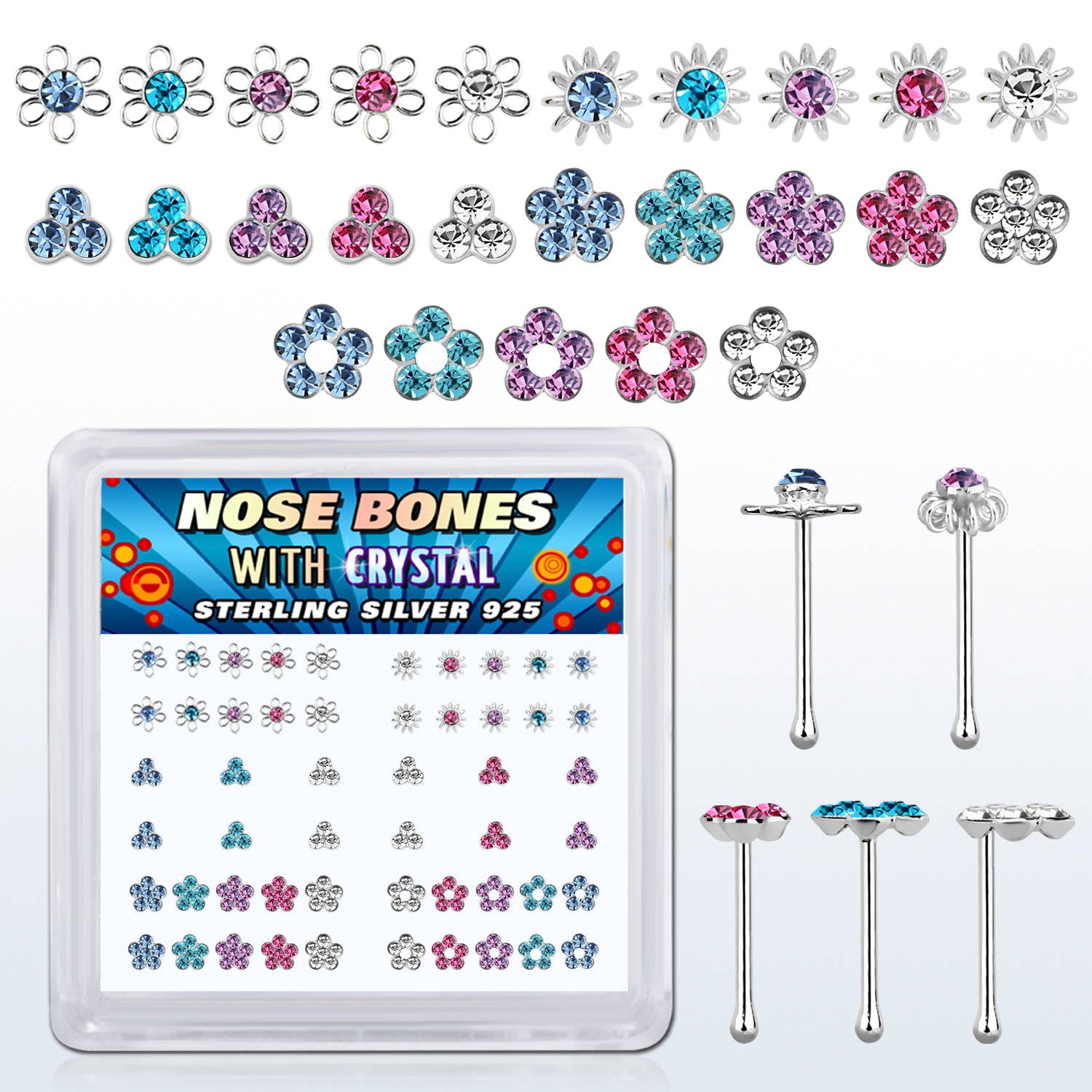 Box of 925 Sterling Silver Multi Colour Flowers Sunburst Ball End Nose Ring Stud