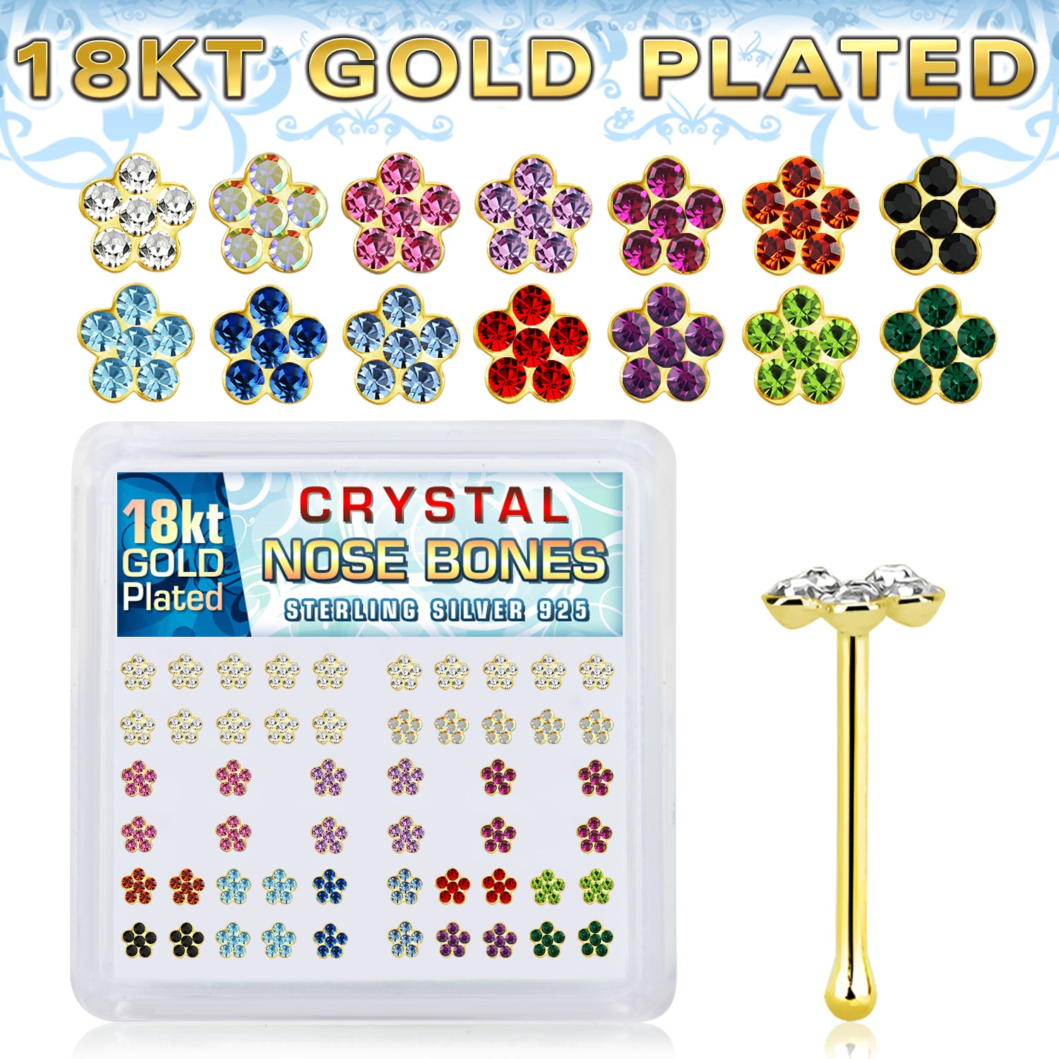 Box of 925 Sterling Silver Multi Colour 18KT Gold Plated CZ Gem Flower Ball End Nose Ring Stud