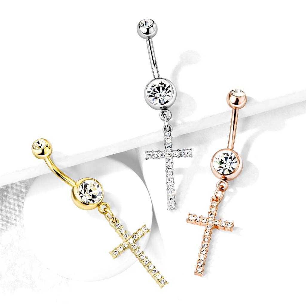 316L Surgical Steel White CZ Thin Cross Dangly Belly Ring