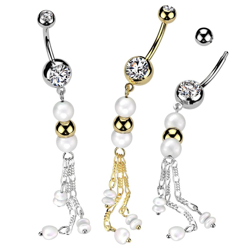 316L Surgical Steel White Pearl Gold Bead Dangly Belly Ring