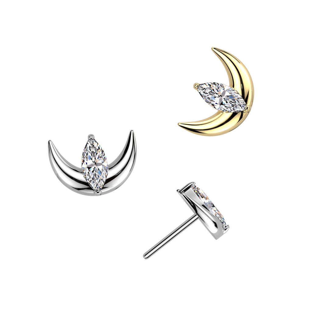 Titanium Threadless White CZ Marquise Crescent Moon Top