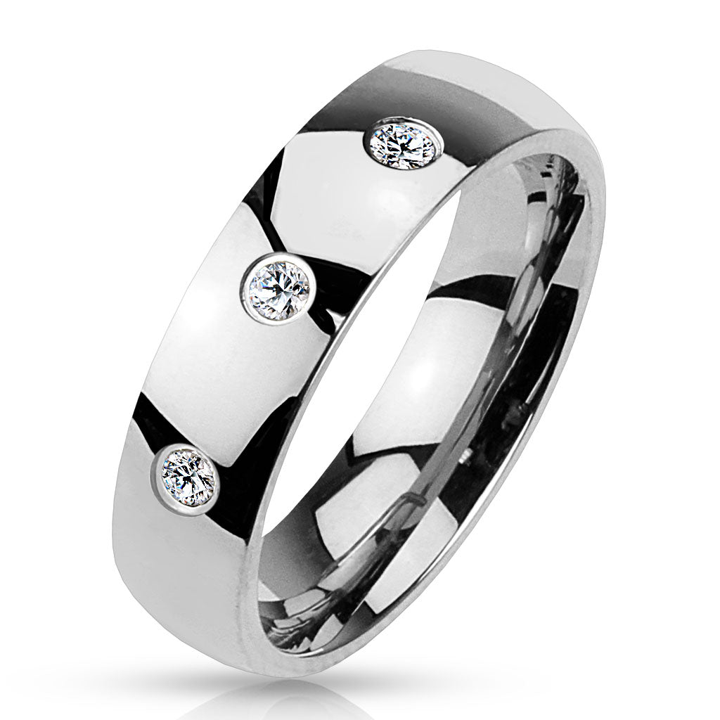 Stainless Steel 3 CZ Classic Dome Ring