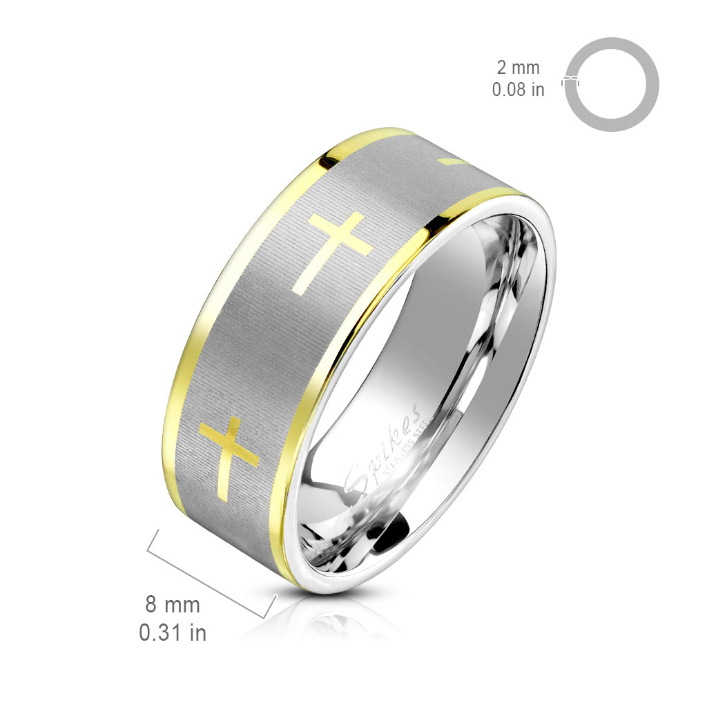 Stainless Steel Gold Cross with Brush Finished Center and Gold Edge Ring