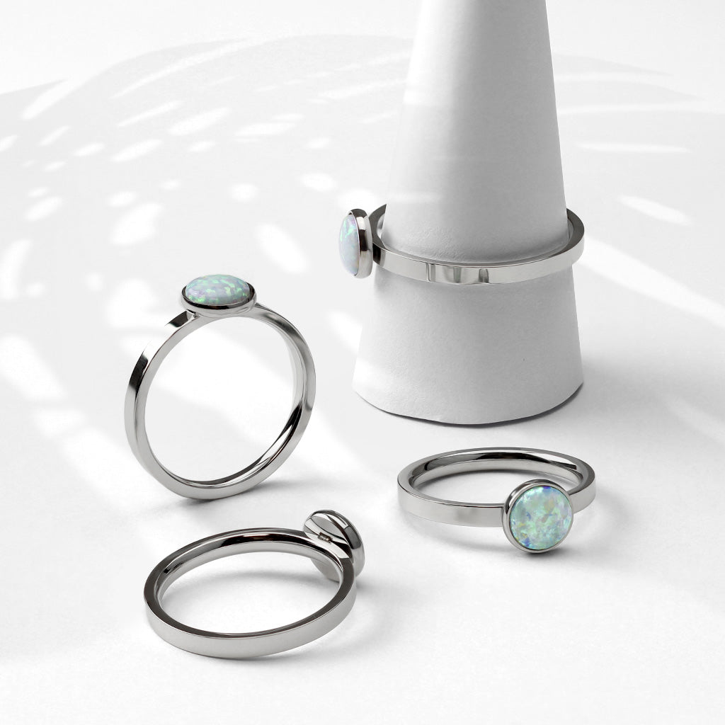Stainless Steel Round Cabochon Opal Set Ring