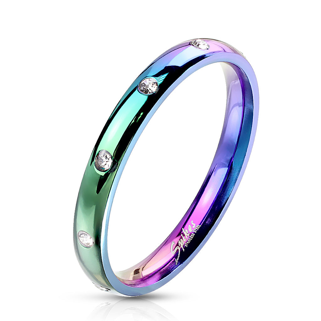 Stainless Steel 10 CZ Flush Set Rainbow Classic Dome Ring