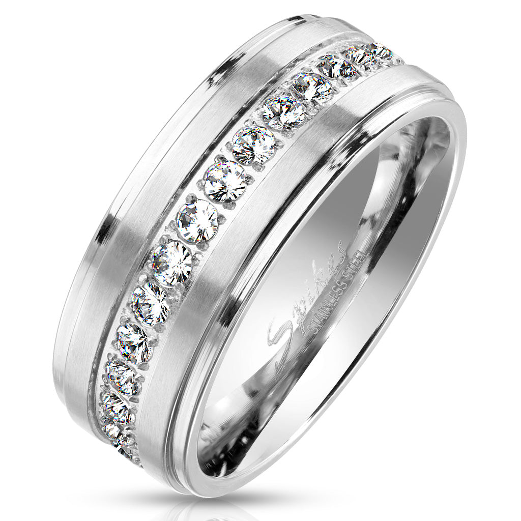 Stainless Steel Stepped Edges with Brushed Finish CZ Paved Center Ring