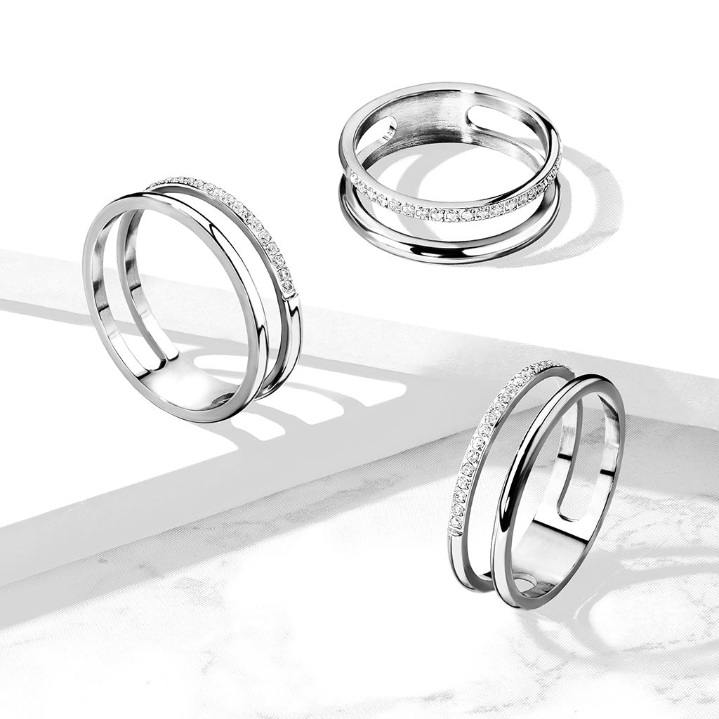 Stainless Steel CZ Paved Line Double Ring