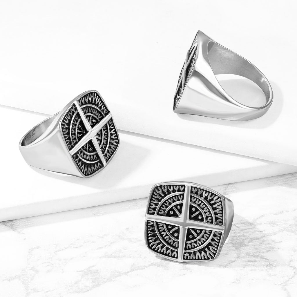 Stainless Steel Compass Rose Cross Center Ring