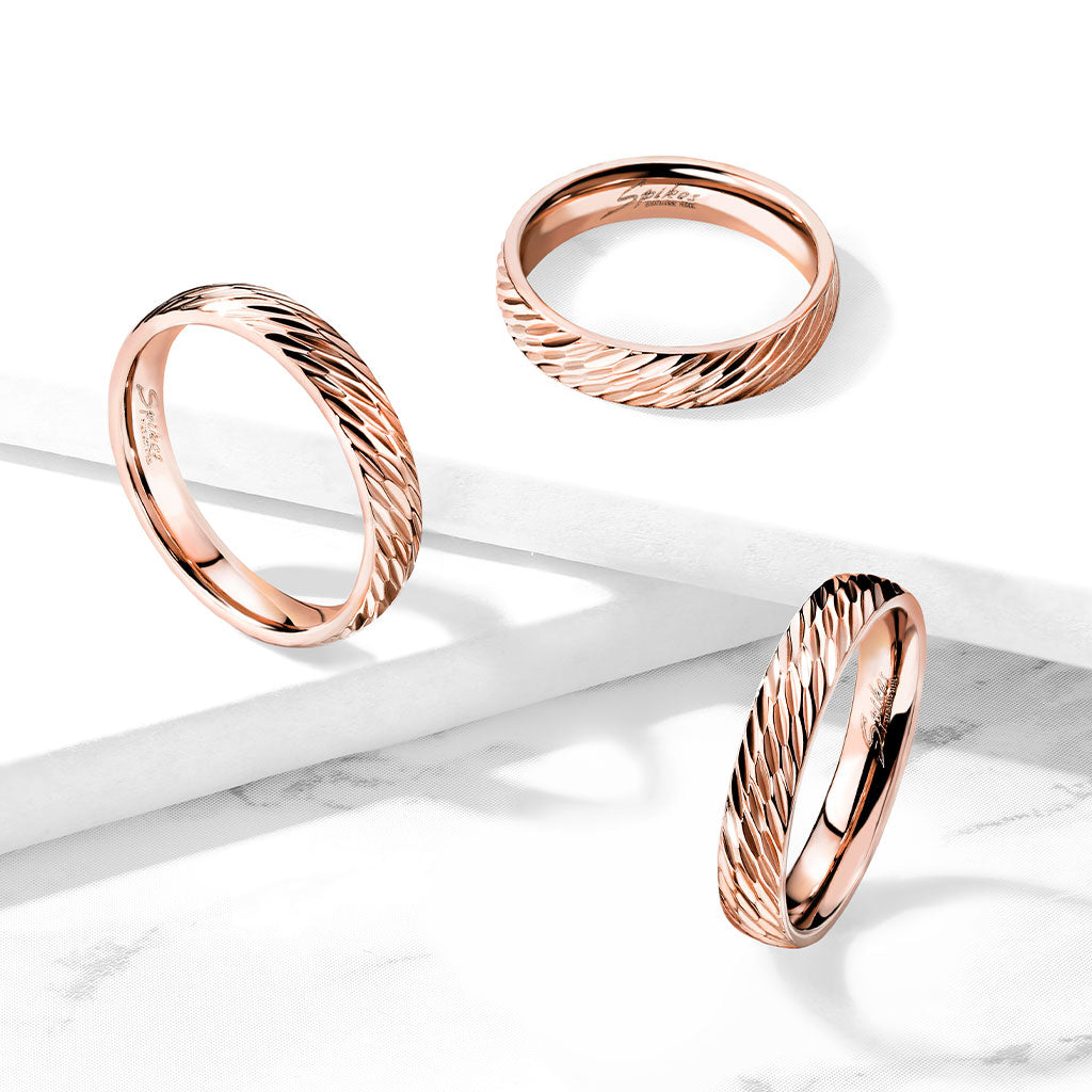 Stainless Steel Rose Gold Diagonal Deep Cuts Dome Band Ring