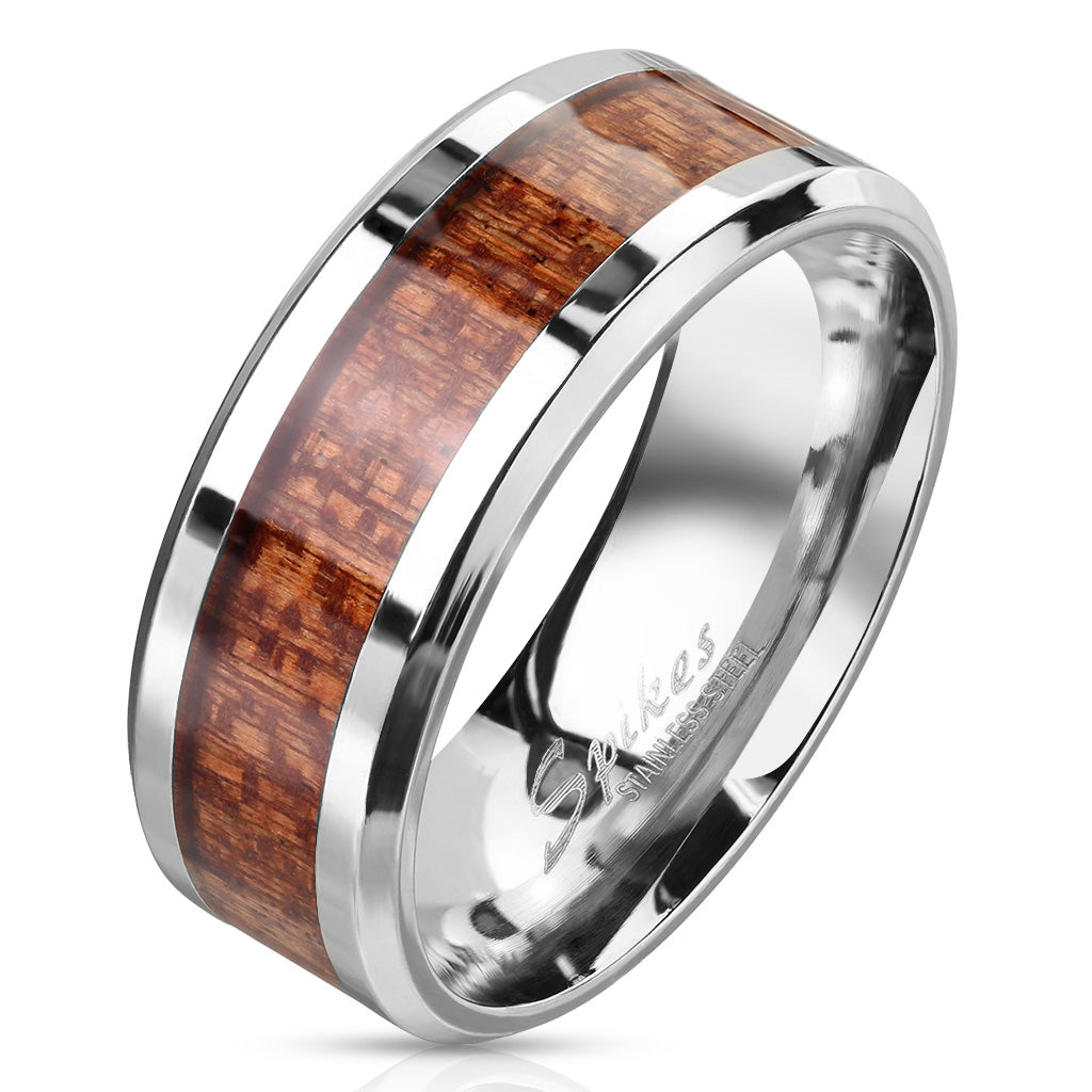 Stainless Steel Wood Inlay Center Beveled Edges Ring