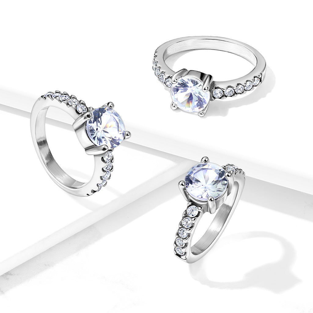 Stainless Steel Round Prong Set CZ with 10 CZ Paved Sides Ring