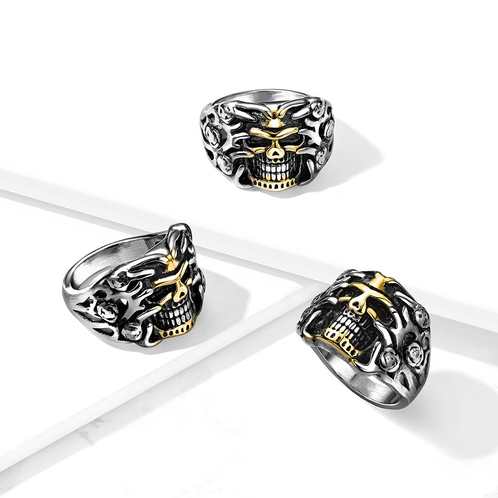 Stainless Steel Gold Skull with Rose Vines Ring