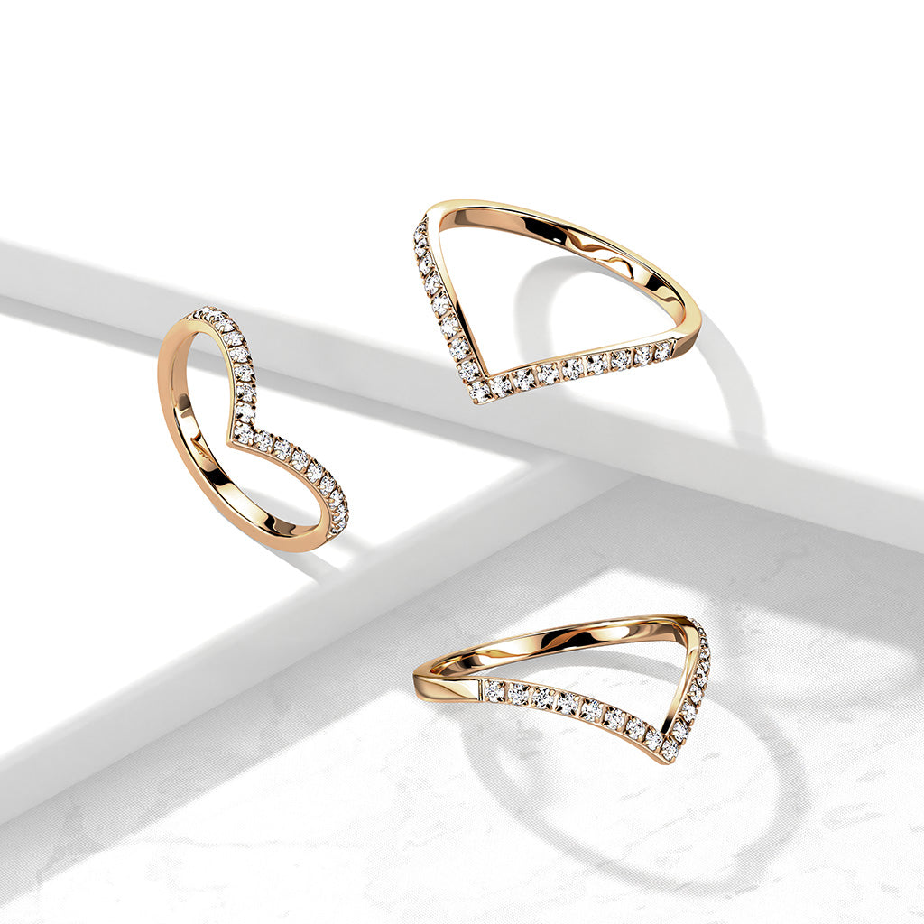 Stainless Steel Pave CZ Rose Gold Chevron Ring
