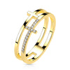 Stainless Steel Gold CZ Double Sideways Split Cross Ring