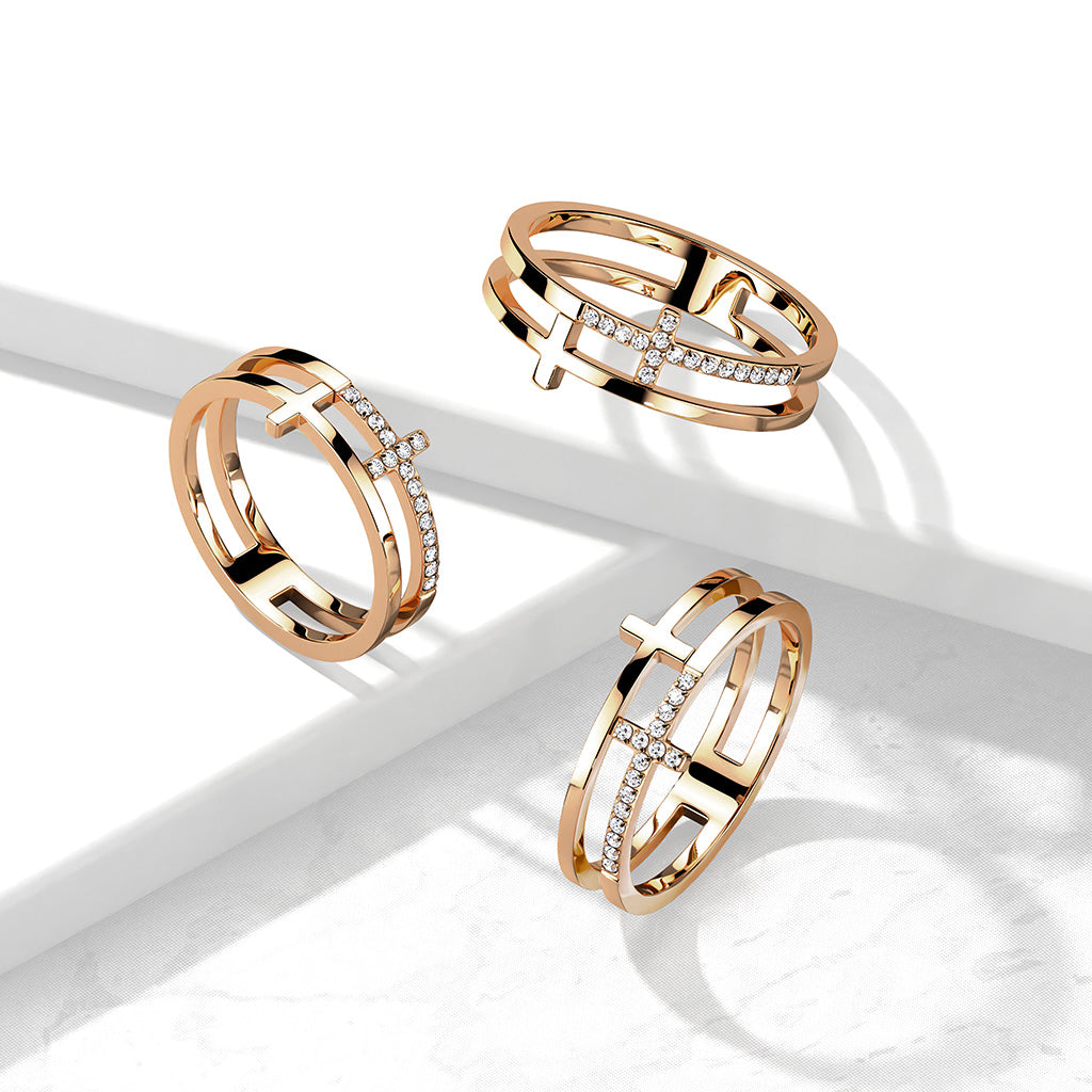 Stainless Steel Rose Gold CZ Double Sideways Split Cross Ring