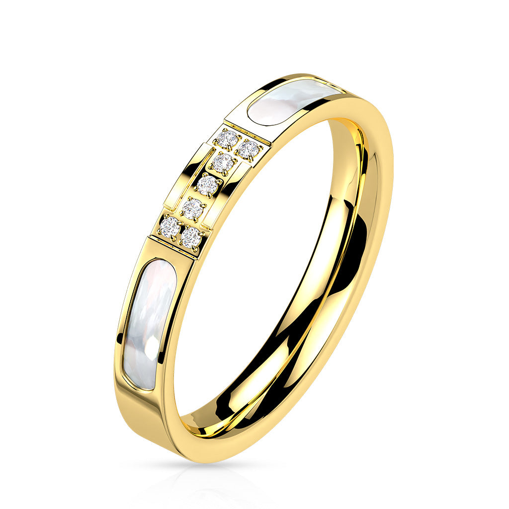Stainless Steel Pave CZ Center With Mother of Pearl Inlaid Sides Gold Ring