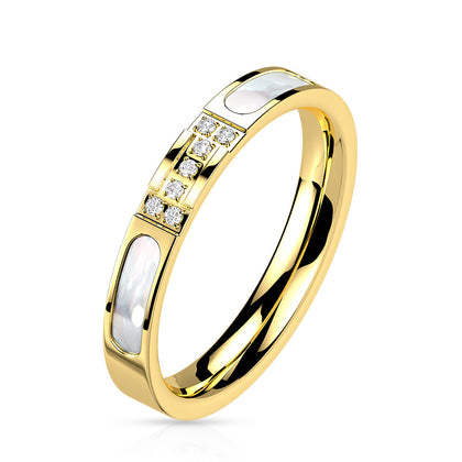 Stainless Steel Pave CZ Center With Mother of Pearl Inlaid Sides Gold Ring