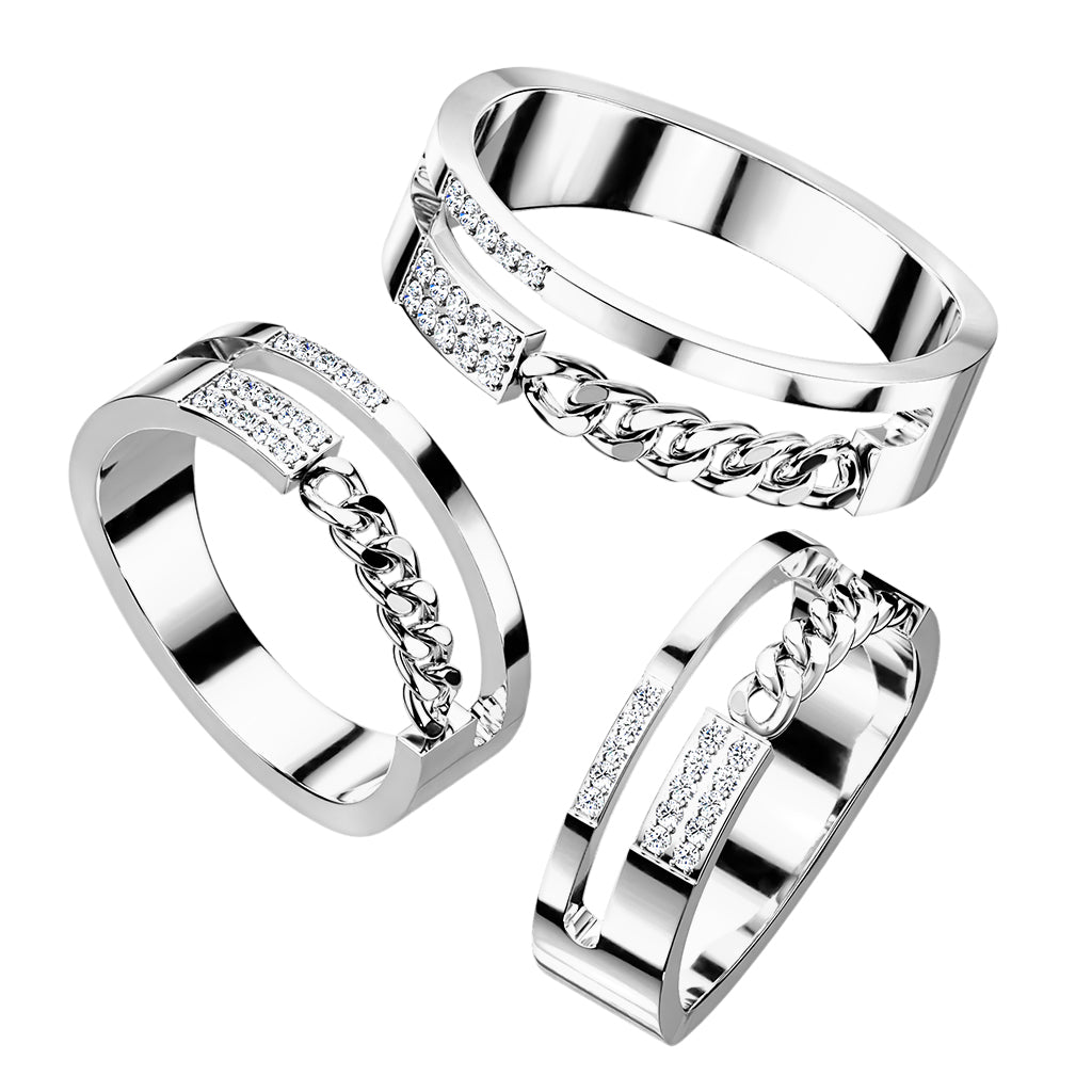 Stainless Steel Pave CZ Double Line With Chain Ring
