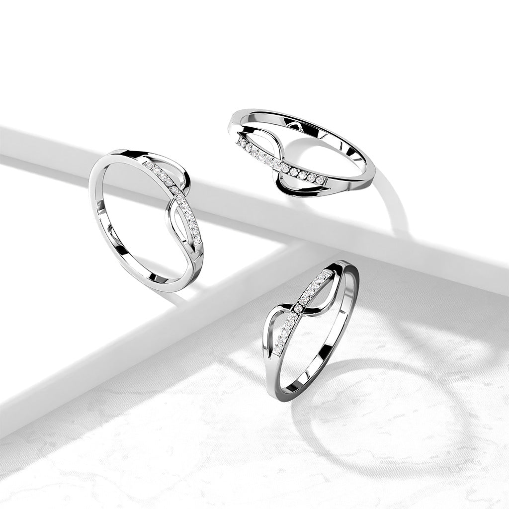 Stainless Steel Wave Pave CZ Strikethrough Ring