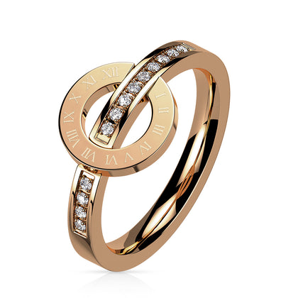 Stainless Steel Rose Gold Roman Numeral Circle with Single Lined CZ Ring