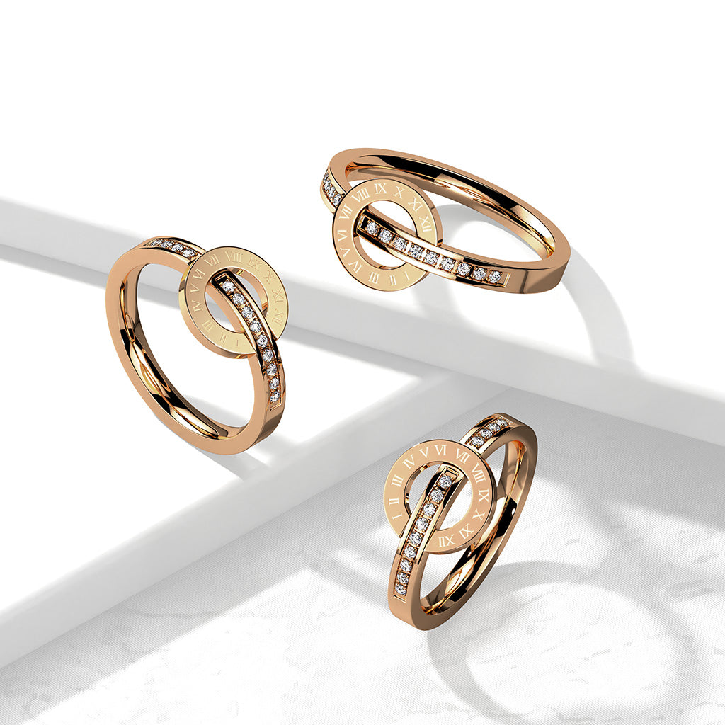 Stainless Steel Rose Gold Roman Numeral Circle with Single Lined CZ Ring