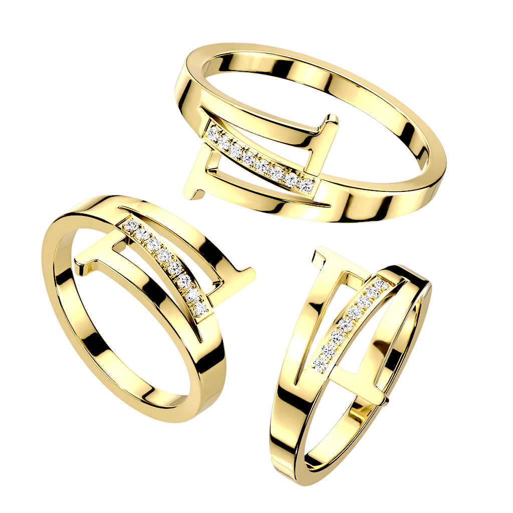 Stainless Steel Gold Triple Line With Center Pave CZ Ring