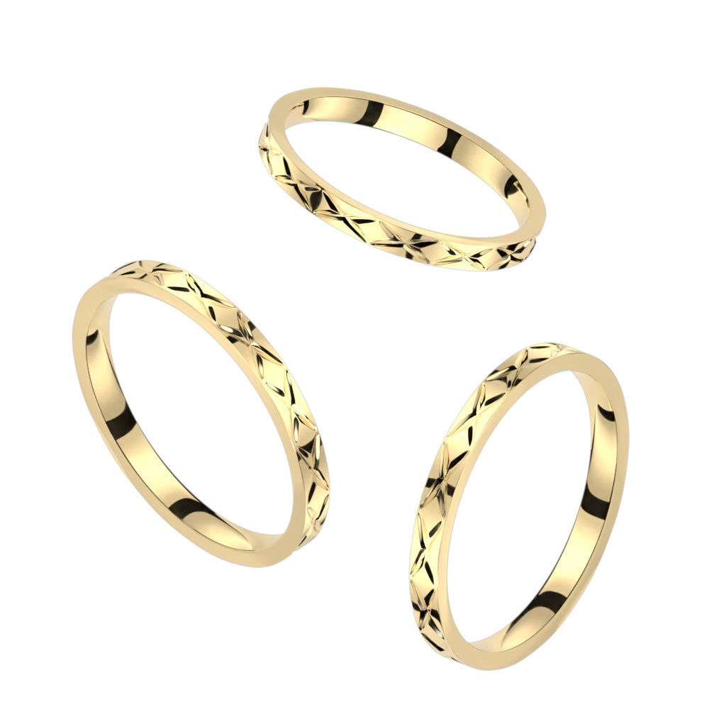 Stainless Steel Gold Criss Cross Grooved Band Ring