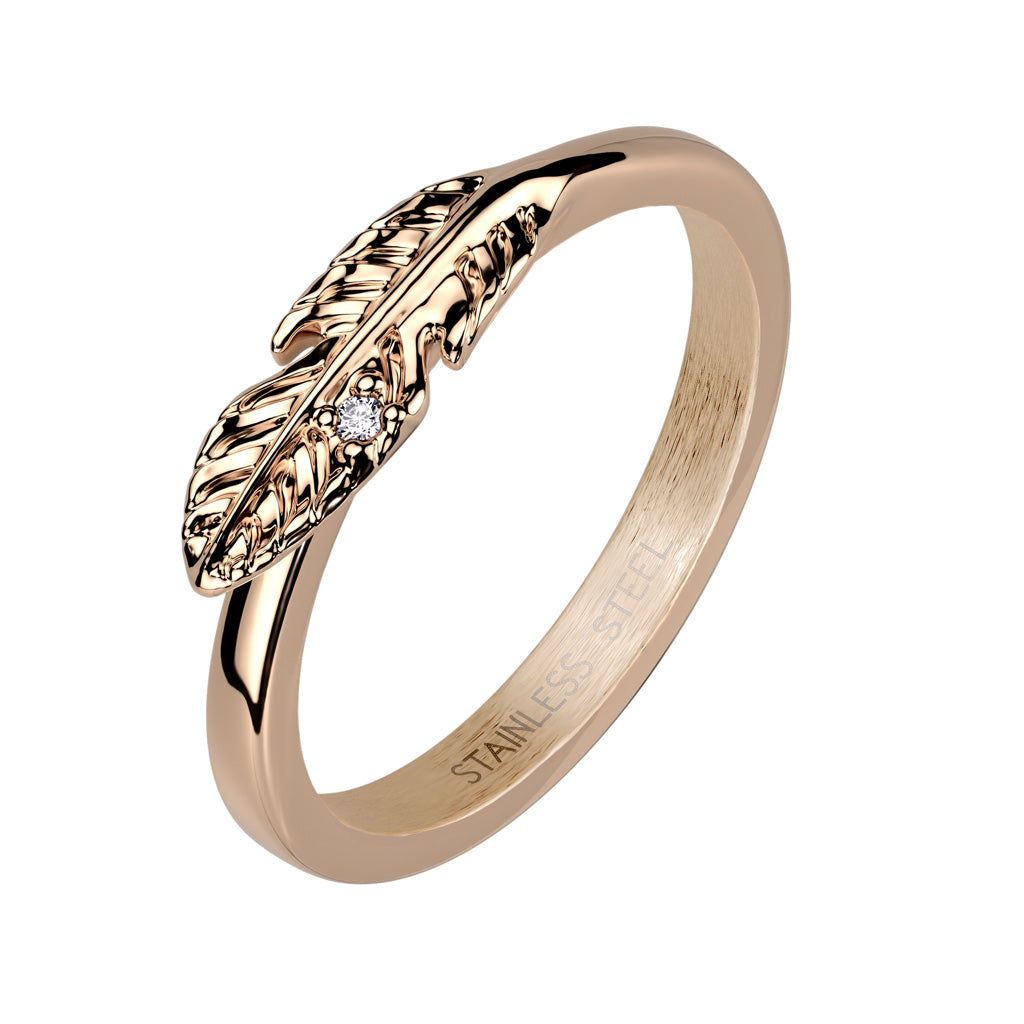 Stainless Steel Rose Gold Leaf With CZ Ring