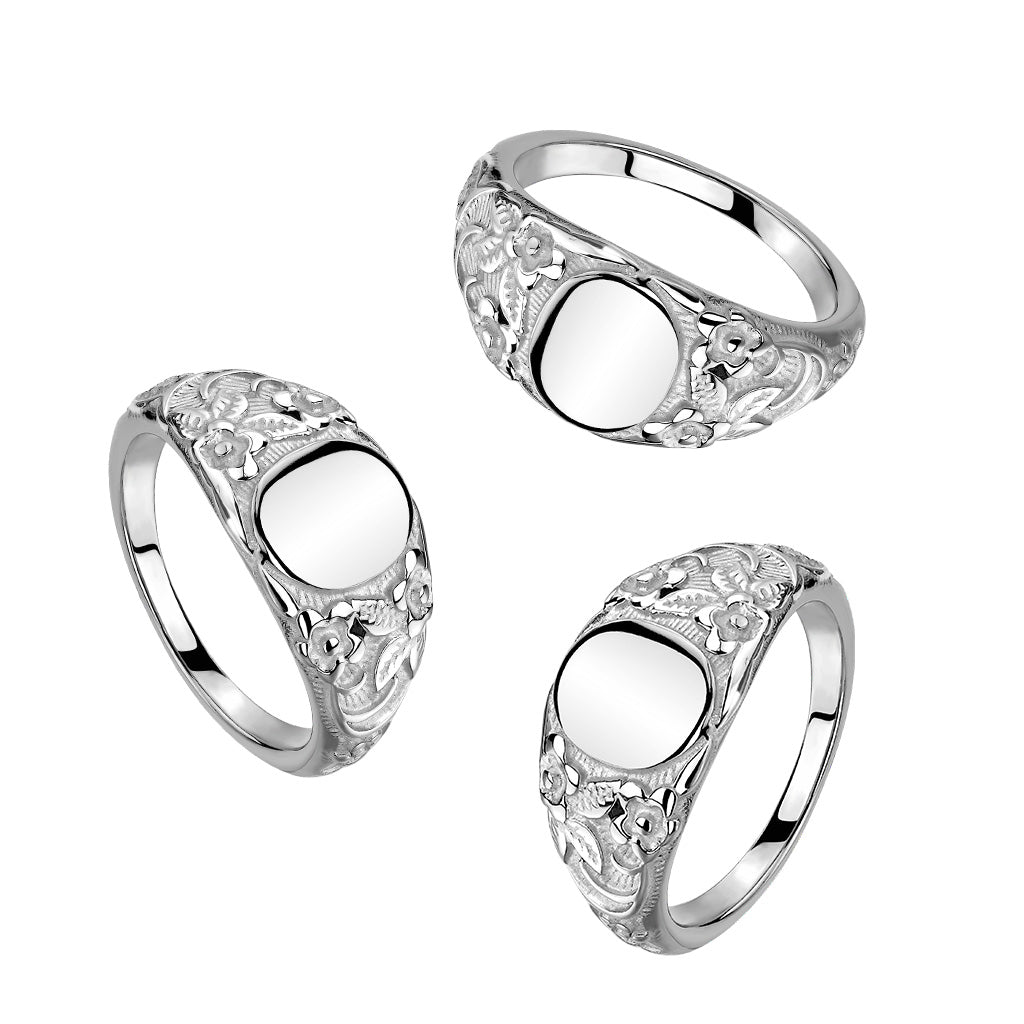 Oval engravable Floral stainless steel ring