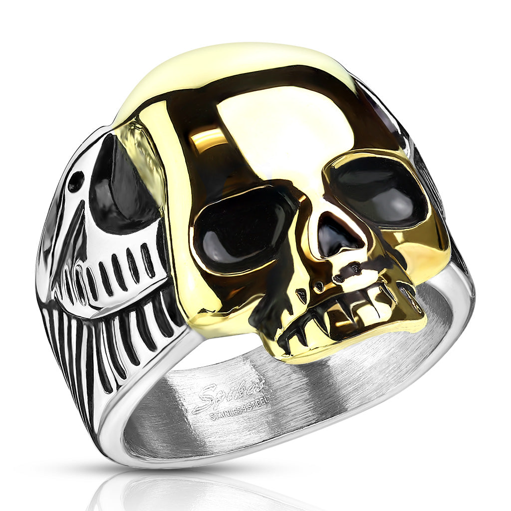 Stainless Steel Skull Gold Two Tone Biker Ring