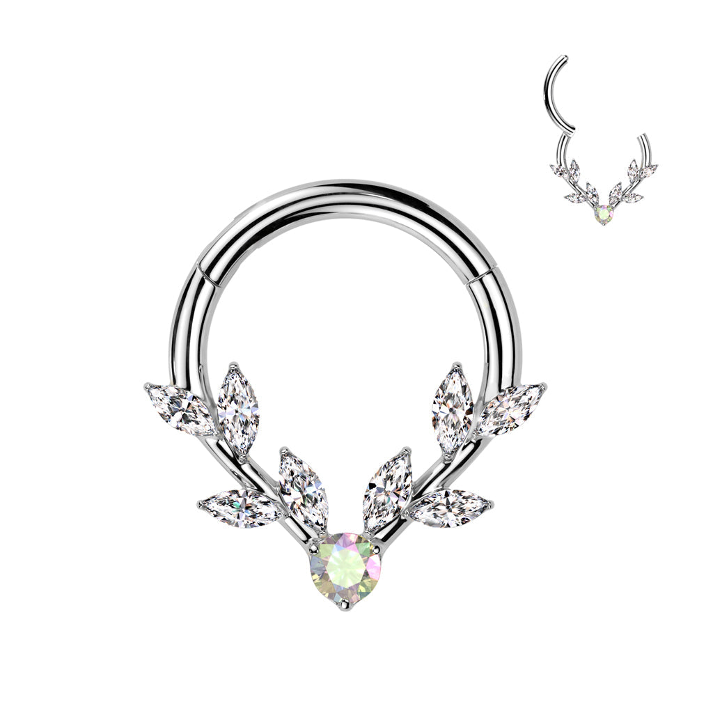 316L Surgical Steel White & Aurora Borealis CZ Vine Hinged V Shaped Clicker Hoop