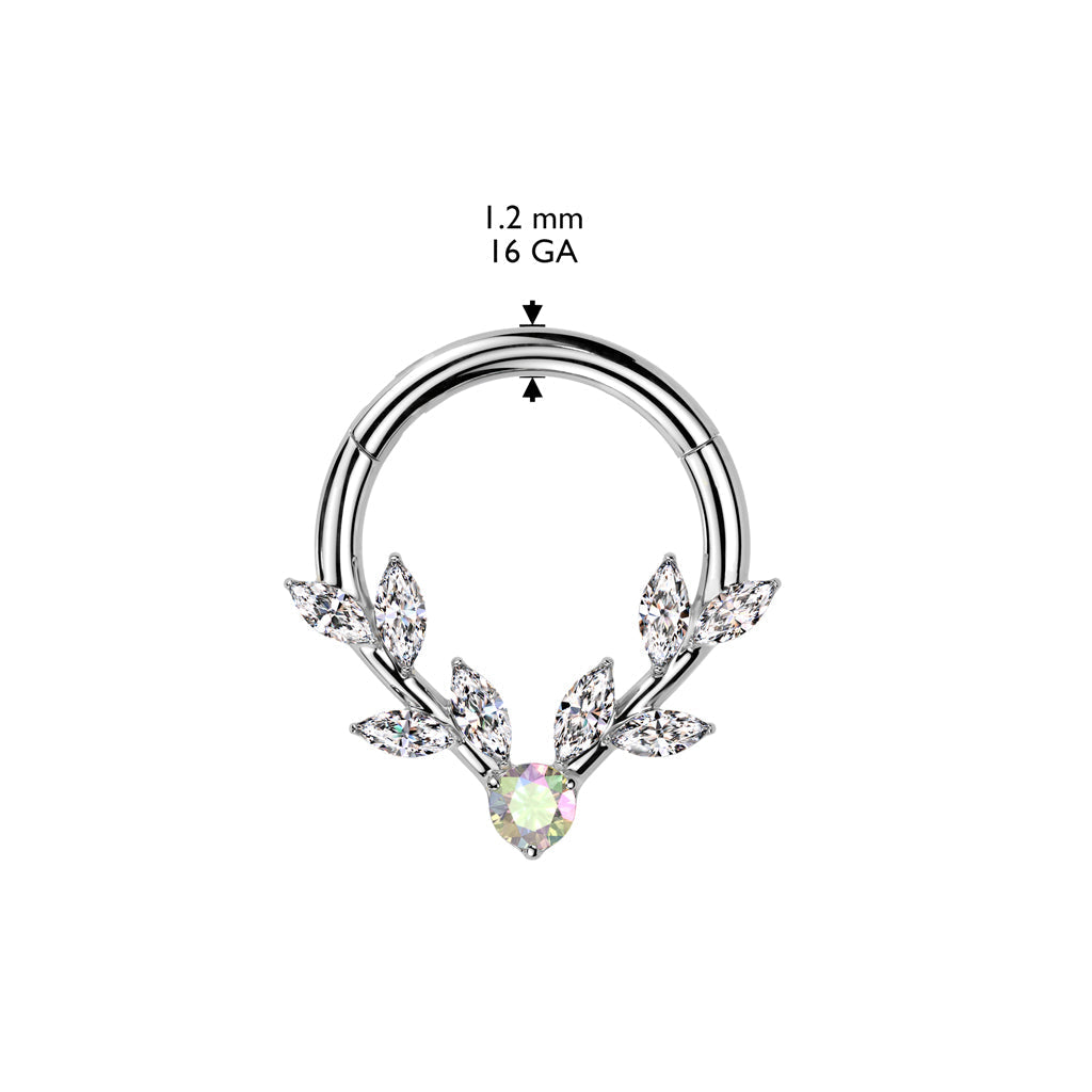 316L Surgical Steel White & Aurora Borealis CZ Vine Hinged V Shaped Clicker Hoop