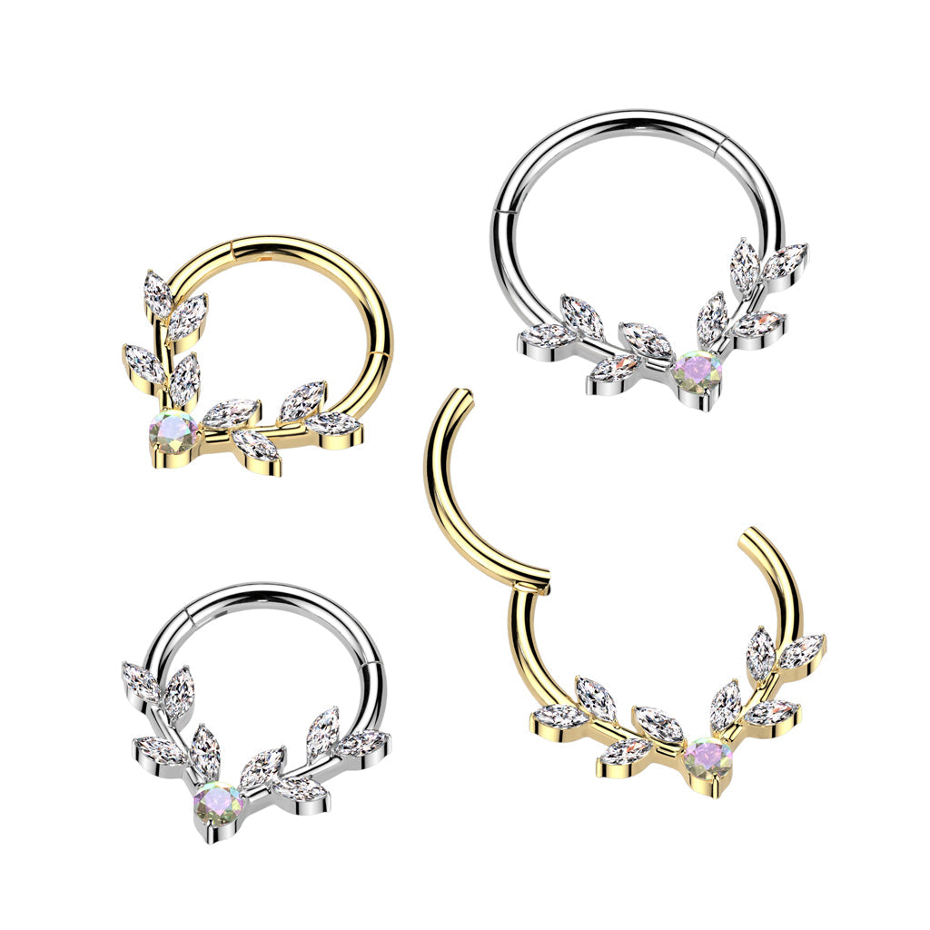 316L Surgical Steel White & Aurora Borealis CZ Vine Hinged V Shaped Clicker Hoop