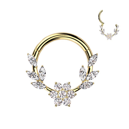 316L Surgical Steel Gold PVD White CZ Dainty Vine Flower Hinged Clicker Hoop