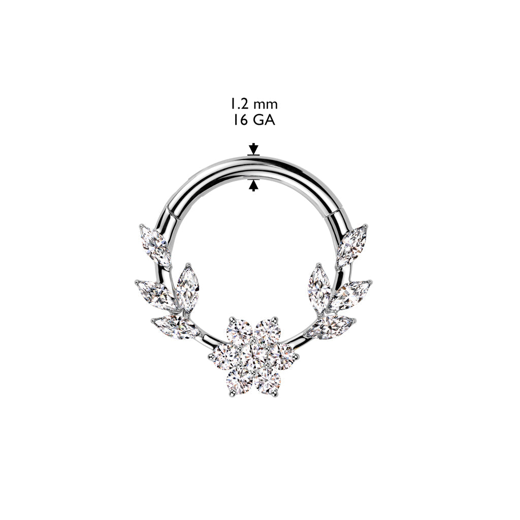 316L Surgical Steel White CZ Dainty Vine Flower Hinged Clicker Hoop