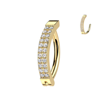 316L Surgical Steel Gold PVD White CZ Double Line Hinged Clicker Belly Ring