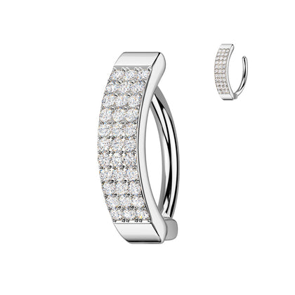 316L Surgical Steel White CZ Wide Triple Line Pave Hinged Clicker Belly Ring