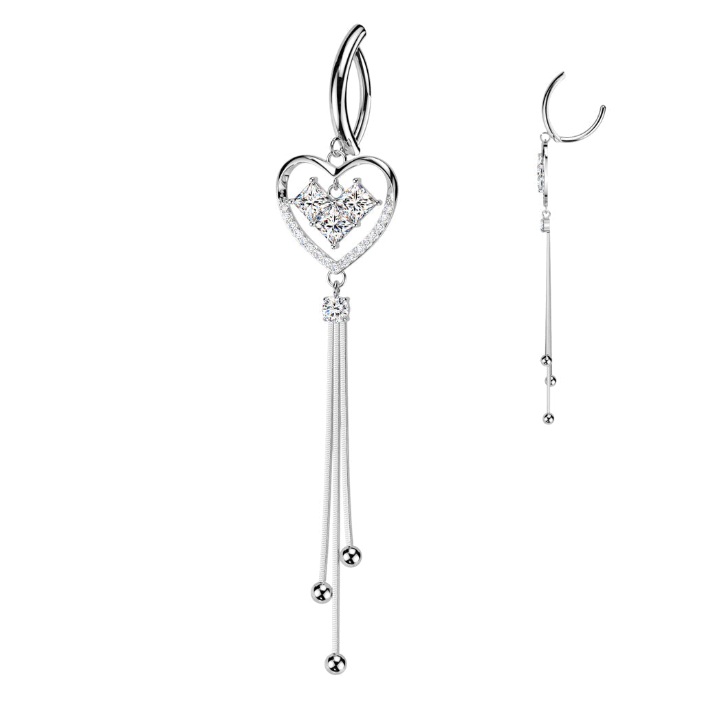 316L Surgical Steel White CZ Square Gem Heart Dangle Hinged Clicker Belly Ring