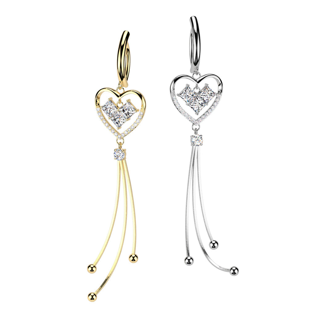 316L Surgical Steel White CZ Square Gem Heart Dangle Hinged Clicker Belly Ring