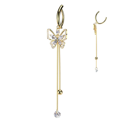 316L Surgical Steel Gold PVD White CZ Butterfly Dangle Hinged Clicker Belly Ring