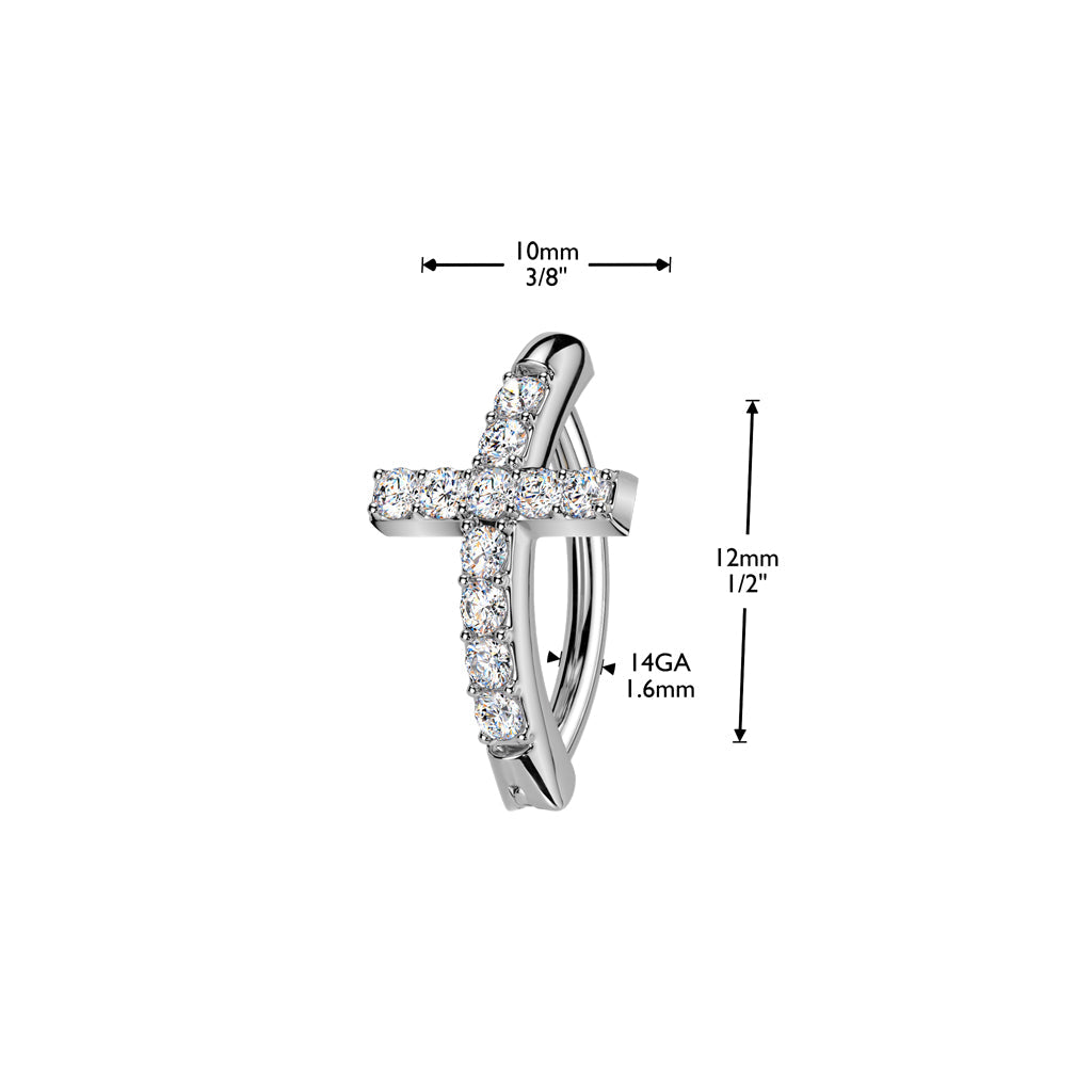316L Surgical Steel White CZ Cross Hinged Clicker Belly Ring