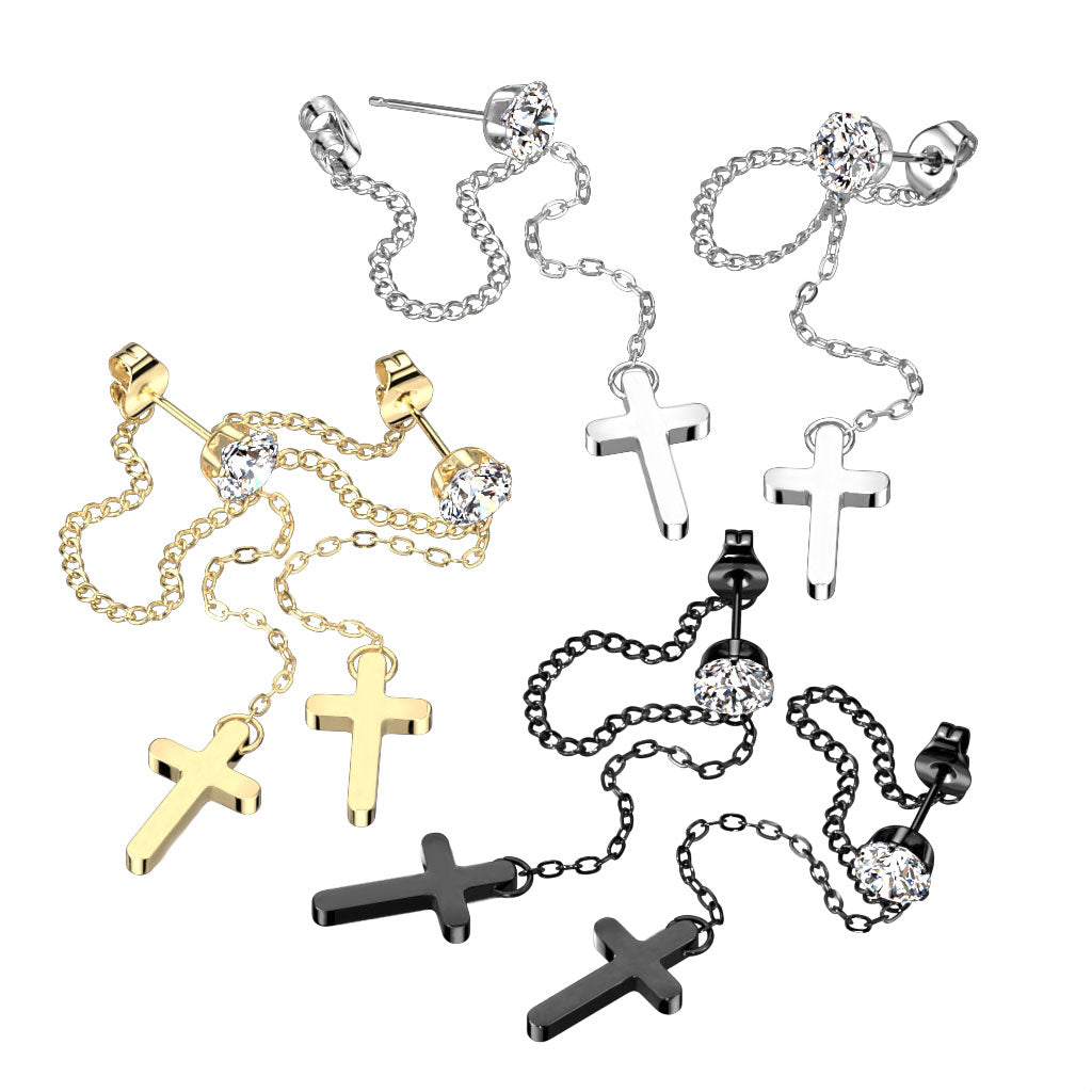 Pair of 316L Surgical Steel White CZ Cross Chain Dangle Earring Studs