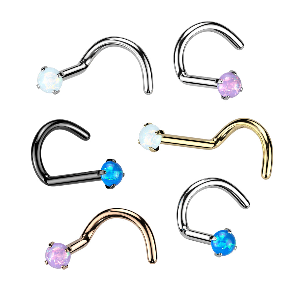 Implant Grade Titanium Corkscrew Nose Ring Purple Opal Stud With Prongs - Pierced Universe