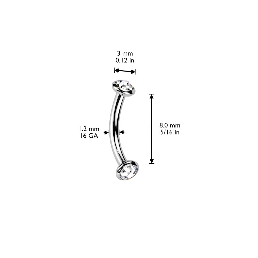 Implant Grade Titanium Aurora Borealis CZ Bezel Internally Threaded Curved Barbell