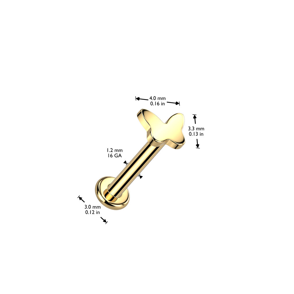 Implant Grade Titanium Gold PVD Dainty Minimal Butterfly Internally Threaded Flat Back Labret